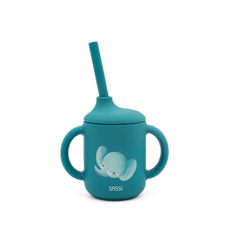 Tasse d'apprentissage en silicone avec paille Chewy l'éléphant Bleu - sassi