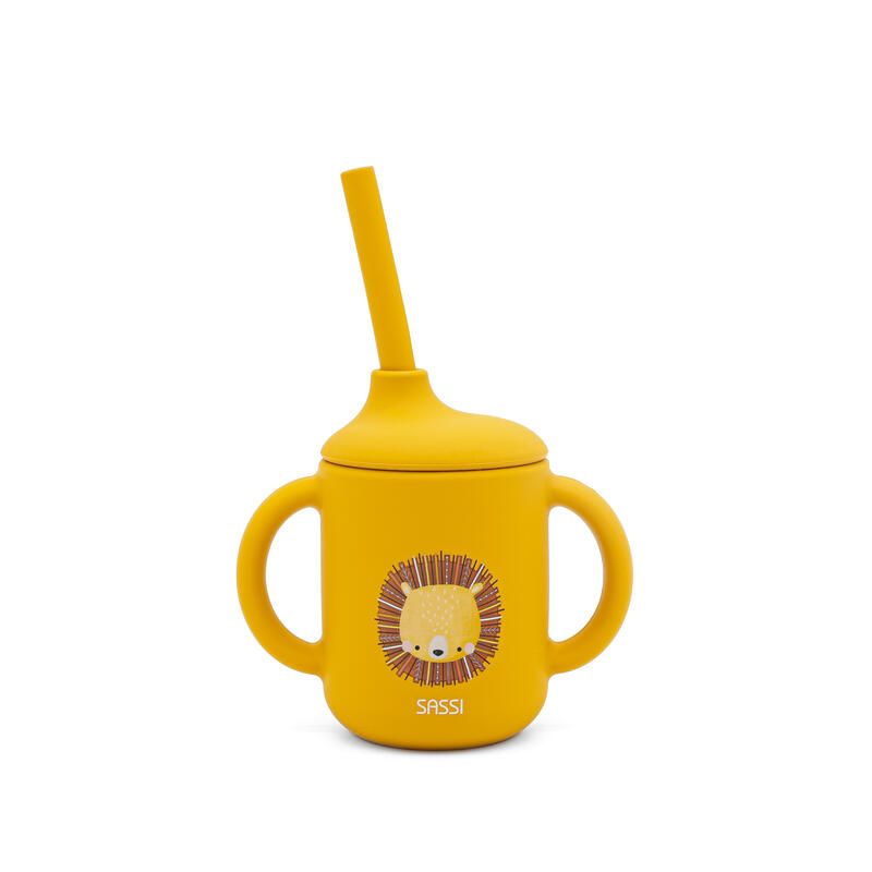 Tasse d'apprentissage en silicone avec paille Chompy le lion Jaune - sassi