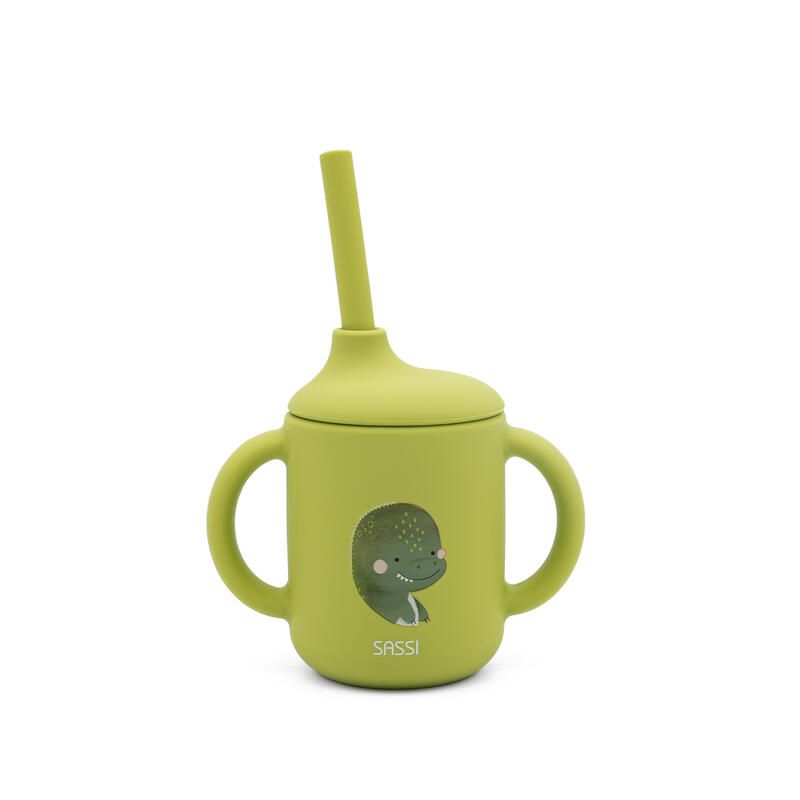 Tasse d'apprentissage en silicone avec paille Cracky le dinosaure Vert - sassi