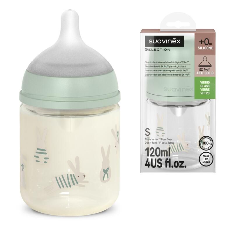 Biberon en verre avec tétine débit S SX Pro 120ml Wonderland Vert - suavinex