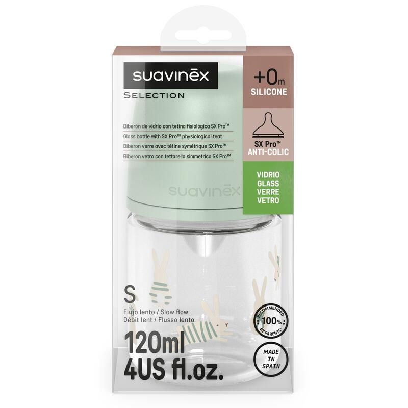 Biberon en verre avec tétine débit S SX Pro 120ml Wonderland Vert - suavinex