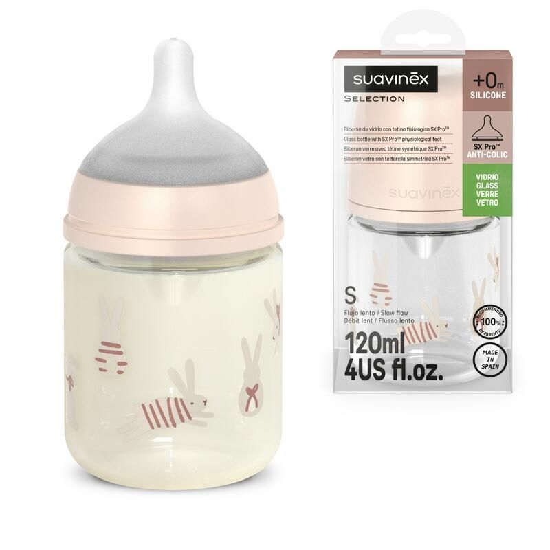 Biberon en verre avec tétine débit S SX Pro 120ml Wonderland Rose - suavinex