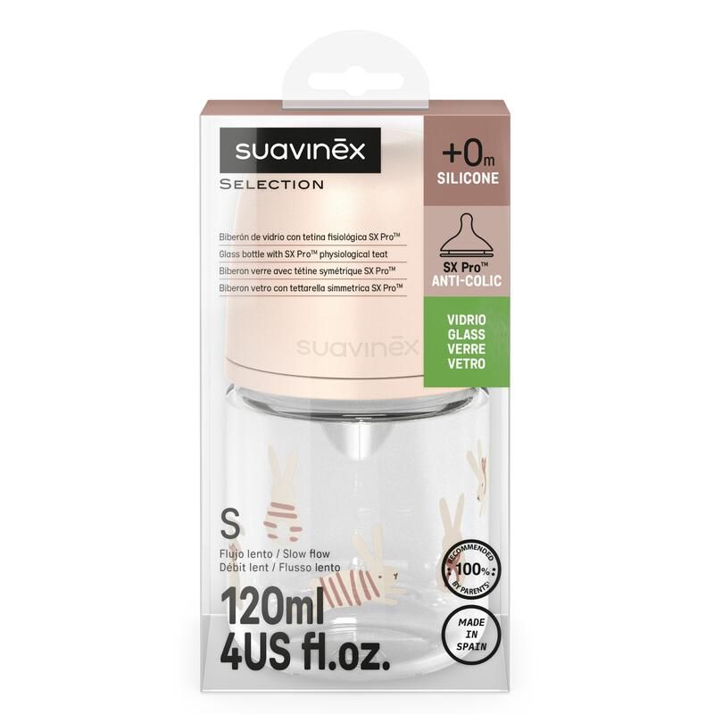 Biberon en verre avec tétine débit S SX Pro 120ml Wonderland Rose - suavinex