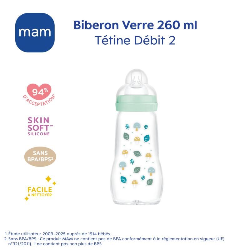 Biberon Verre 260ml 0-6mois Débit 2 Bleu - mam