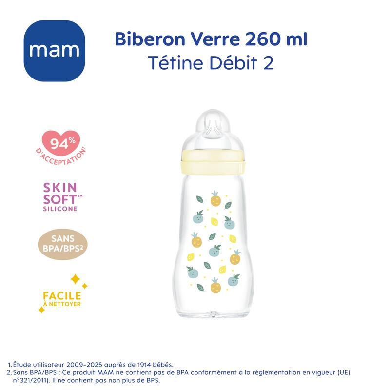 Biberon Verre 260ml 0-6mois Débit 2 Blanc - mam