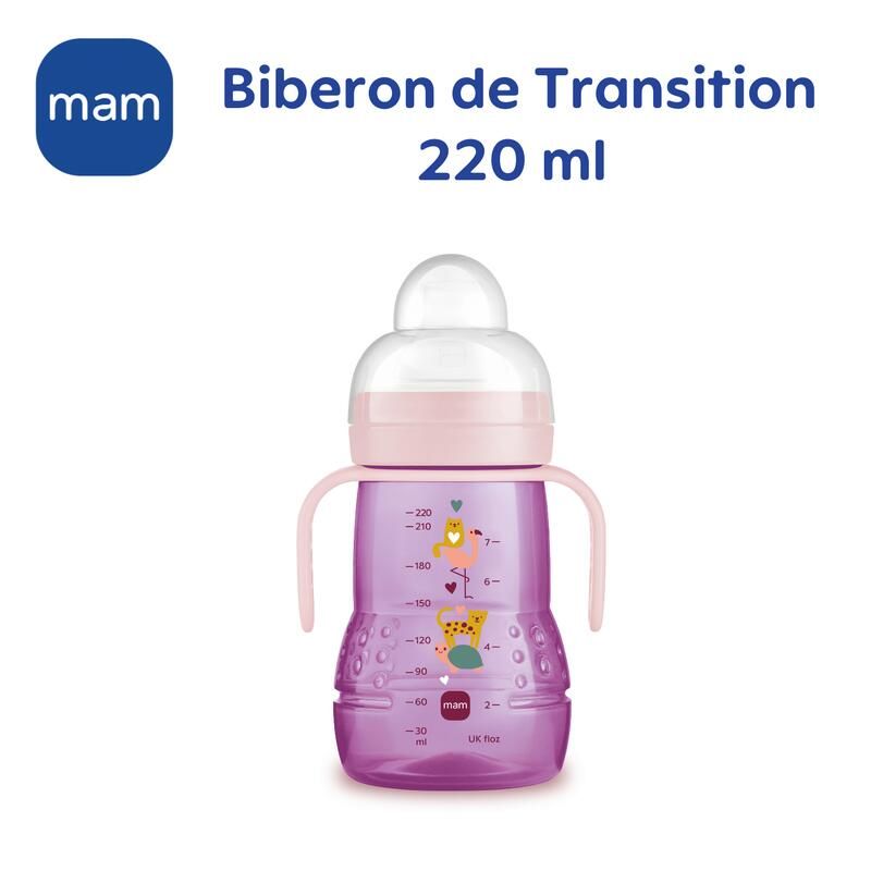 Biberon de Transition 220ml Bec Souple Rose - mam
