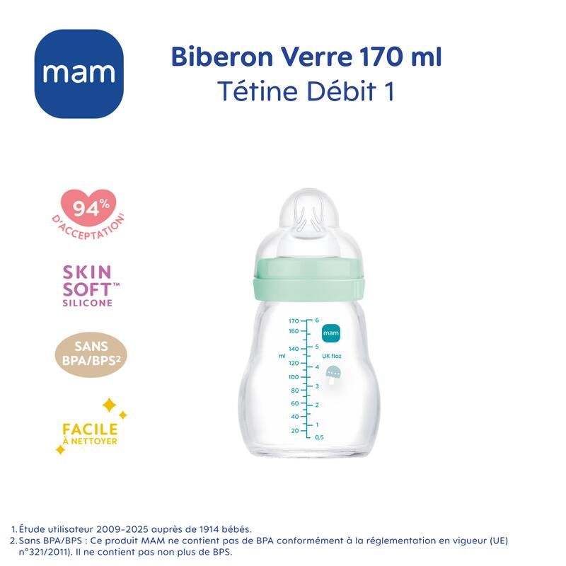 Biberon Verre 170ml 0-6 mois Débit 1 Bleu - mam