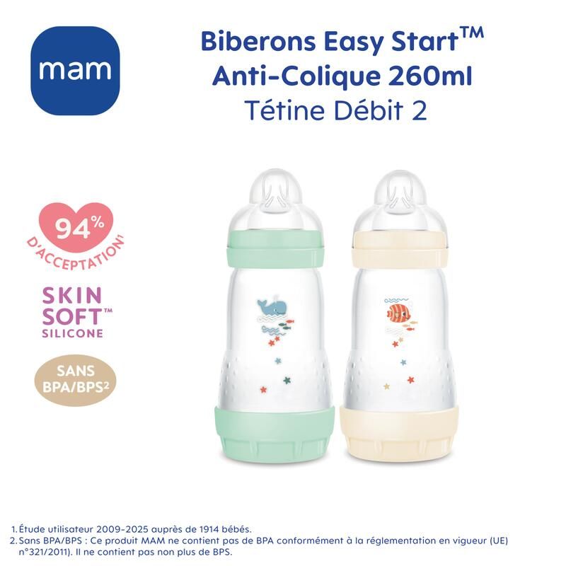 Lot de 2 Biberons Anti-coliques 260ml Menthe Coton - mam