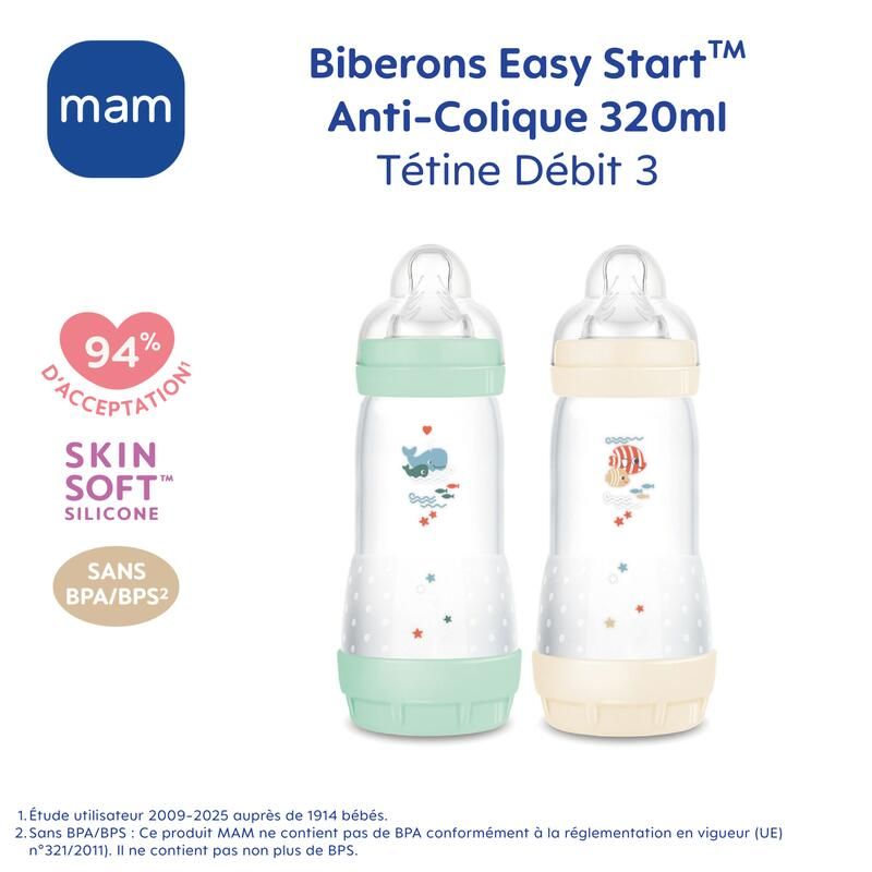 Lot de 2 Biberons Anti-coliques 320ml Menthe Coton - mam