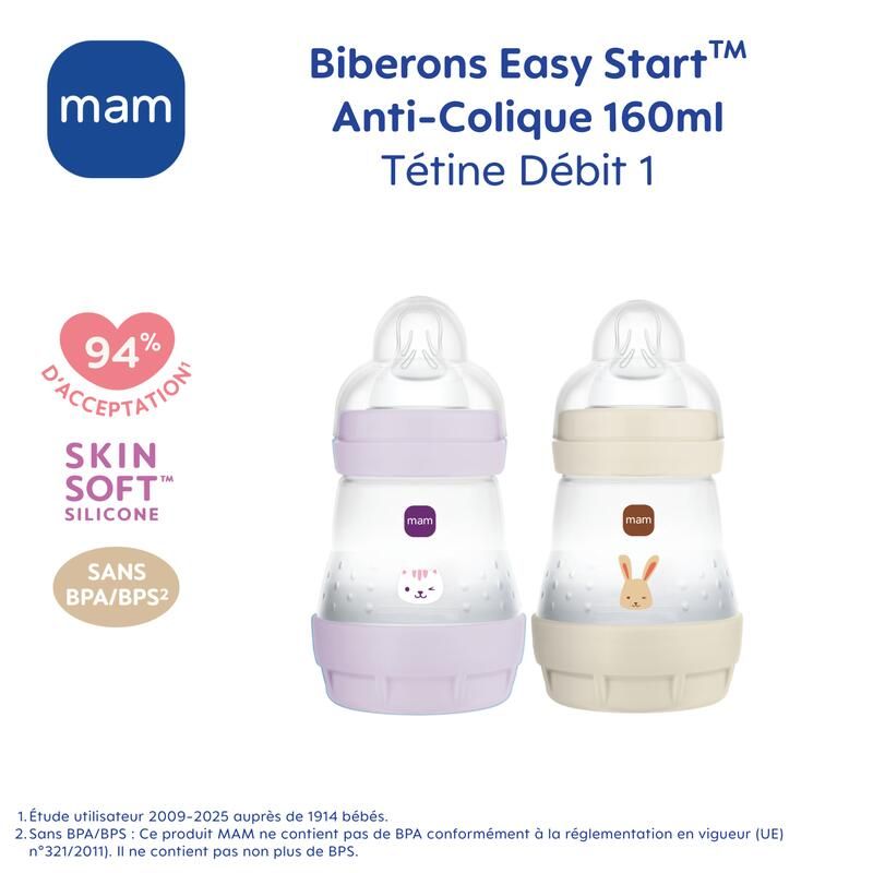 Lot de 2 Biberons Anti-colique 160ml Lilas Sable - mam