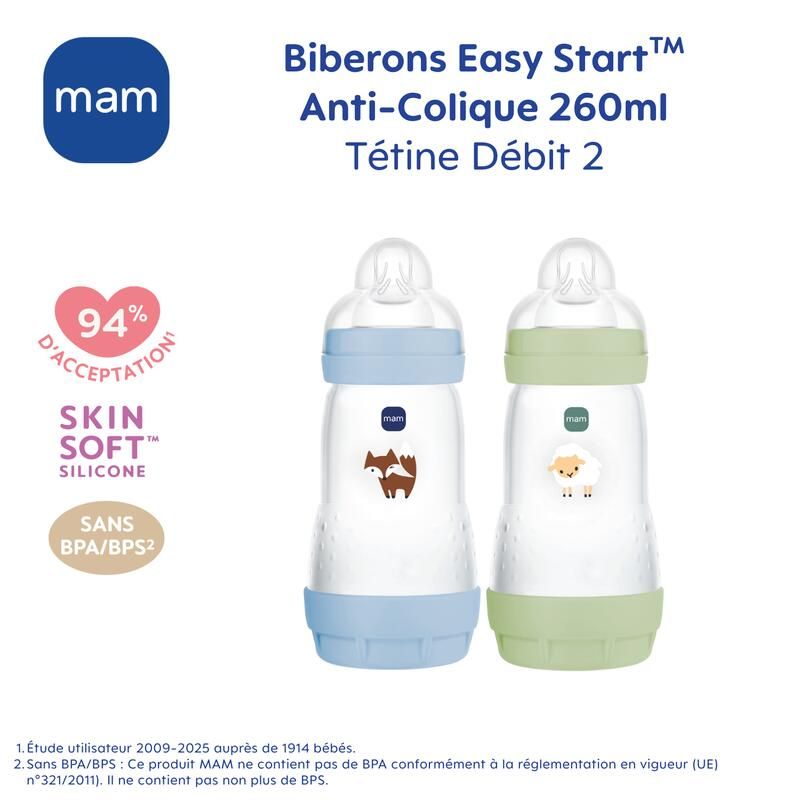 Lot de 2 Biberon Anti-colique 260ml Ocean Sable - mam