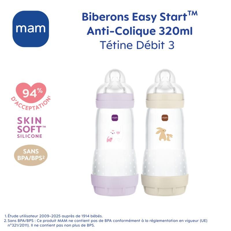 Lot de 2 Biberons Anti-colique 320ml Lilas Sable - mam