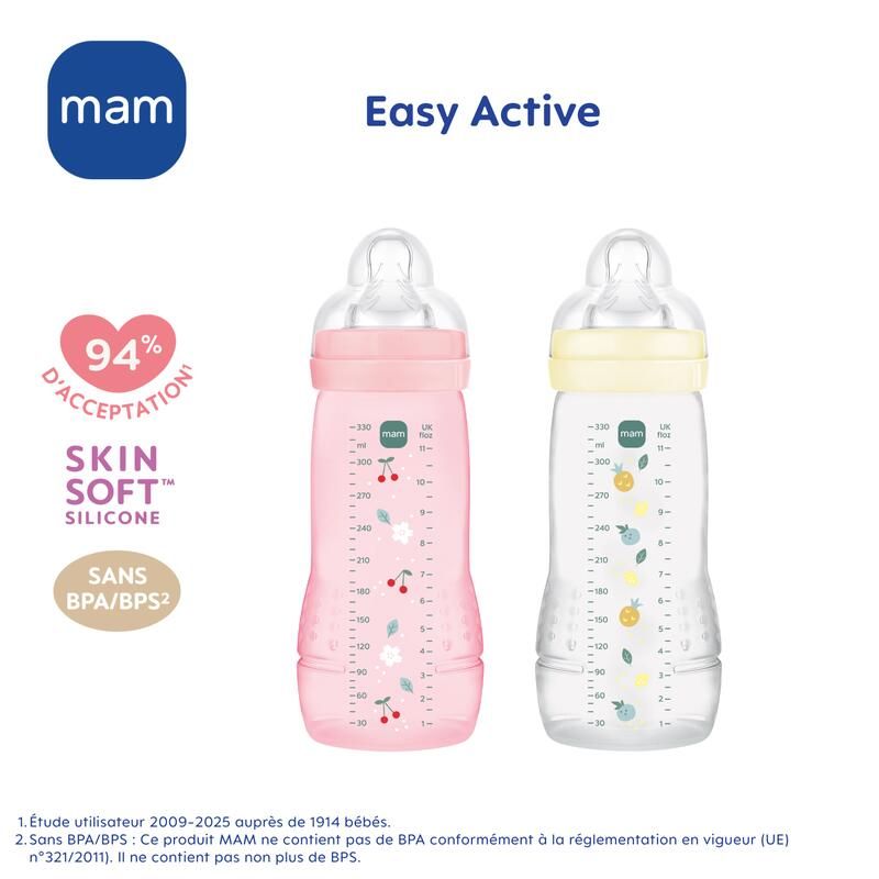 Lot de 2 Biberons Easy Active 330ml Berry Pearl - mam