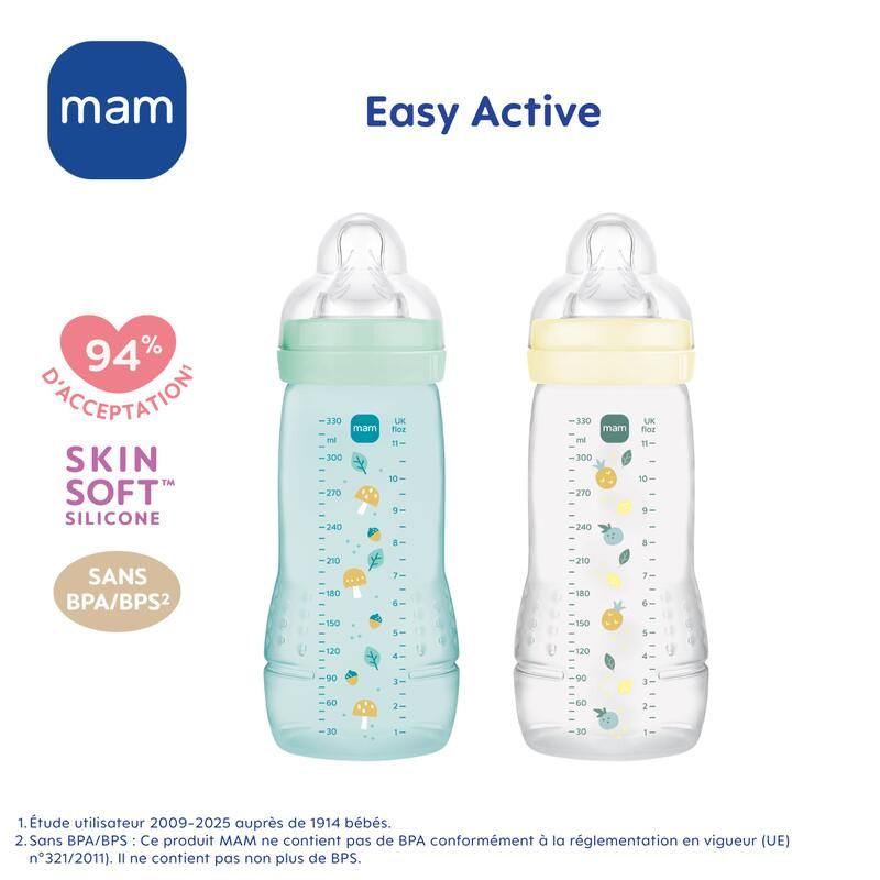 Lot de 2 Biberons Easy Active 330ml Ice Pearl - mam