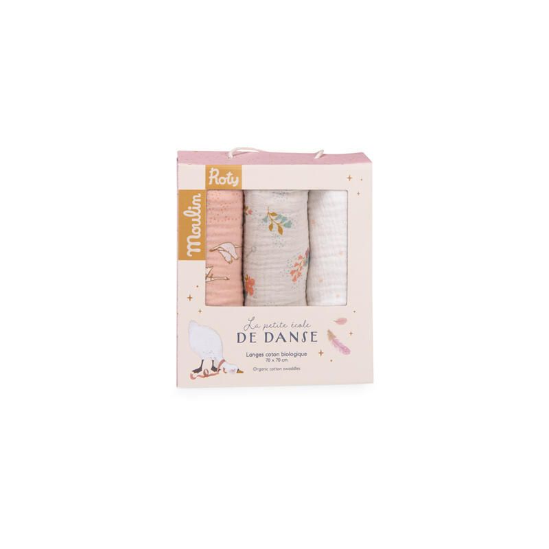 Set De 3 Langes Imprimes Rose/Creme/Fleurs La Petite Ecole De Danse Multicolore Moulin Roty La Petite Cole De Danse