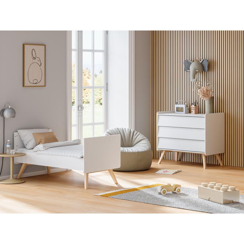 Chambre Duo Lit Evolutif 70x140 Cm Commode Vintage - Blanc Chene Vox