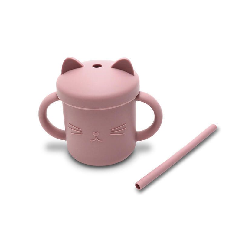 Tasse Silicone Avec Poignet Et Paille Rose