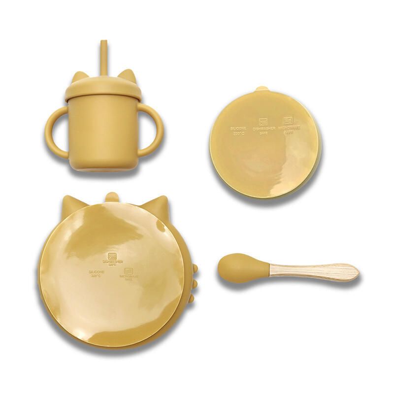 Set 4 Pcs Silicones+bol Assiette Tasse Et Cuillere Jaune