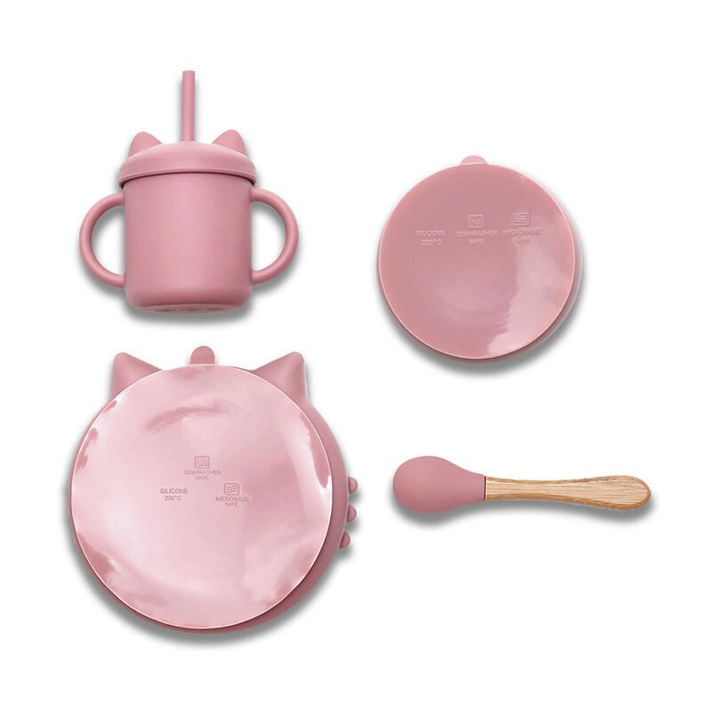 Set 4 Pcs Silicones+bol Assiette Tasse Et Cuillere Rose