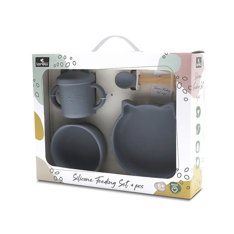 Set 4 Pcs Silicones+bol Assiette Tasse Et Cuillere Gris