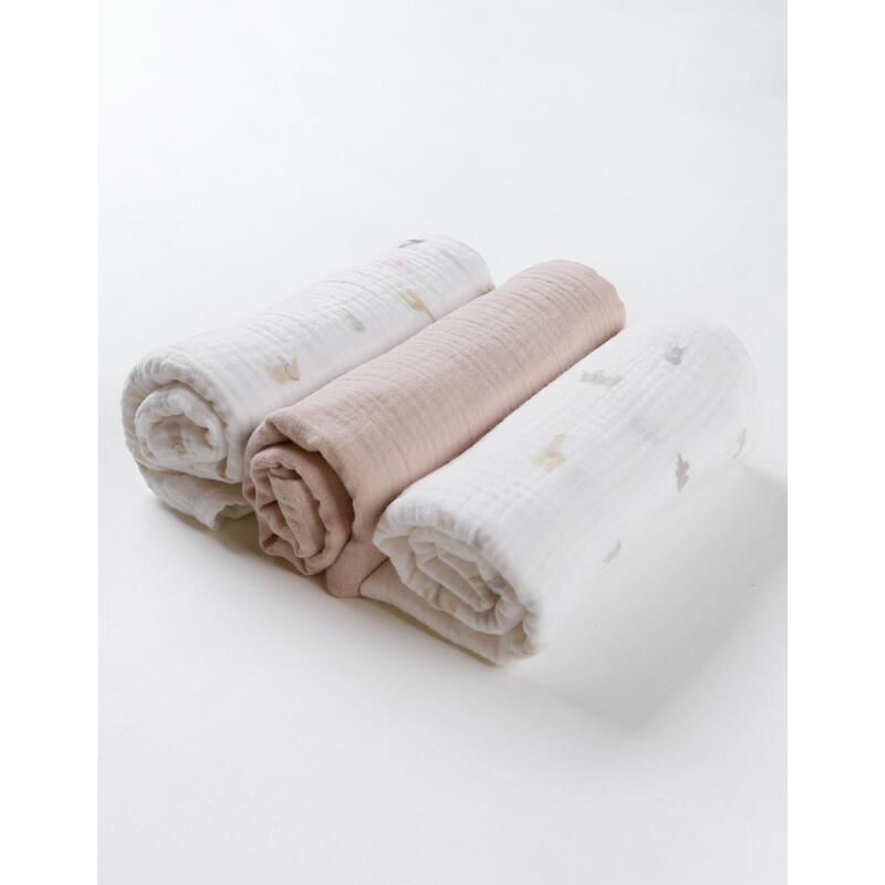Mm23 3 Langes 70x70 Mini Animaux Mousseline Marron Noukies Mix Match